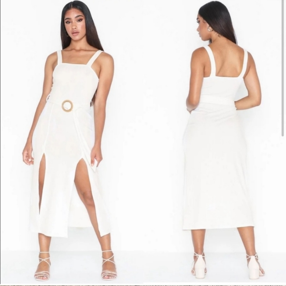 Topshop White Ribbed Double Slit Bodycon Belted Tank Dress Size 10